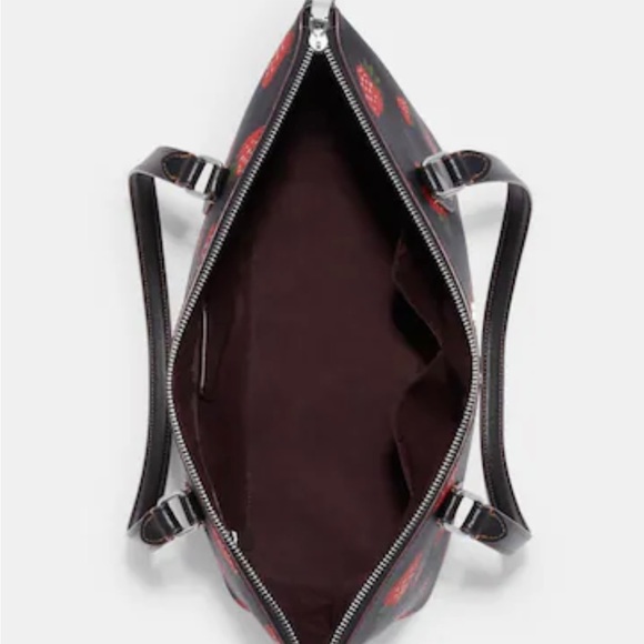 NWT Coach Black Tote Bag W/Wild Strawberry Print, Silver Hardware, Coated Canvas - Picture 7 of 17